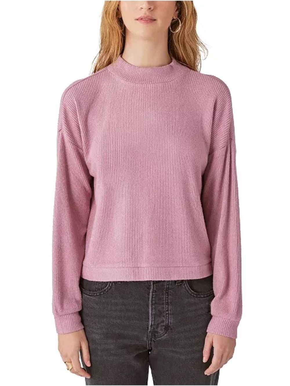 NWOT Lucky Brand Women's Cloud Rib Bubble Mock Neck Top in rosy pink. Size Small